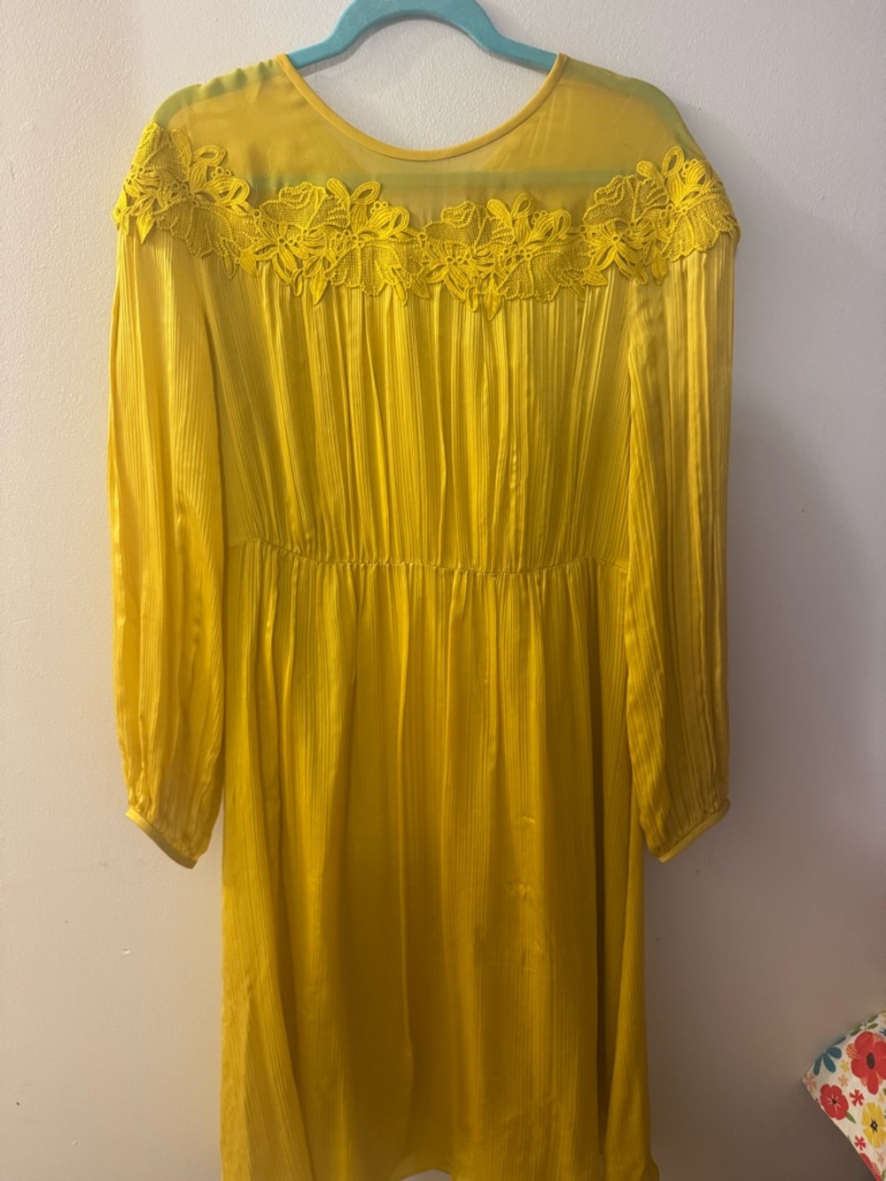 NWT LK Bennett Yellow Midi Dress with Floral Lace Yoke